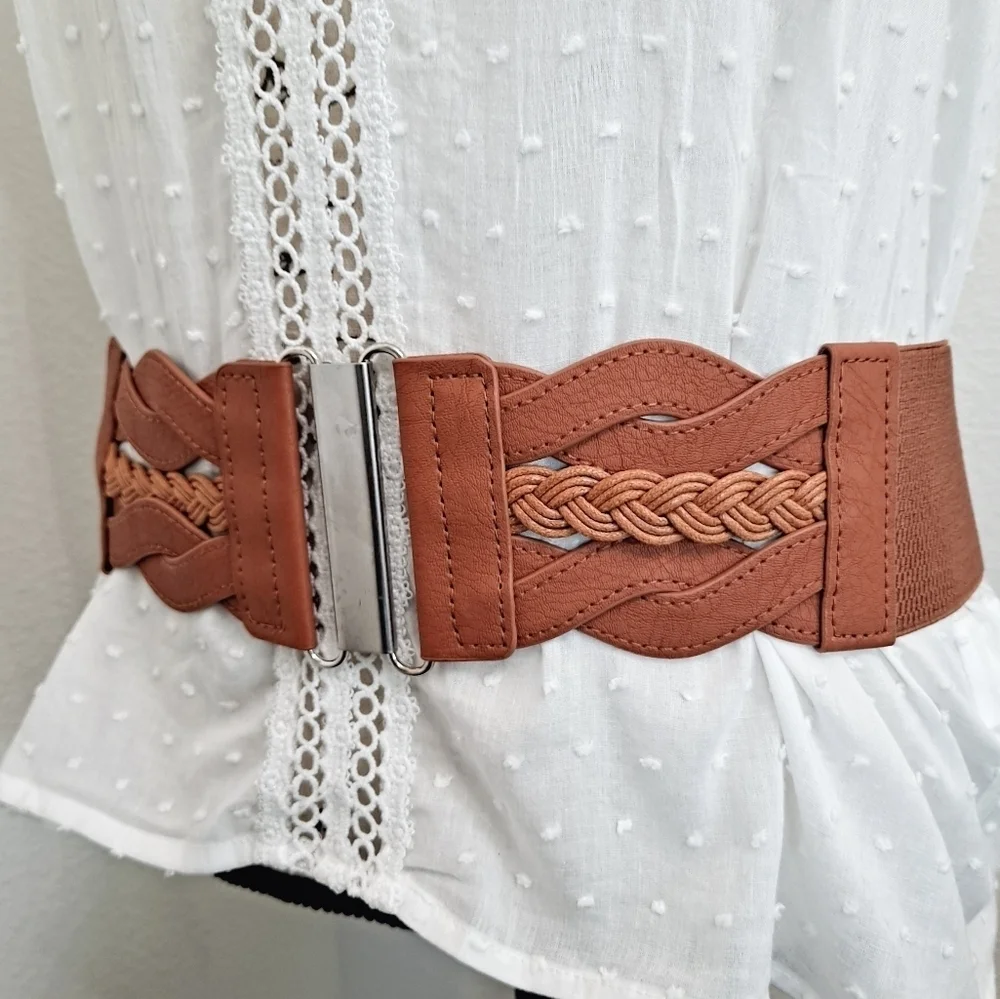 Brown Stretch Wide Waist Belt Boho Western Faux Leather Braided Statement